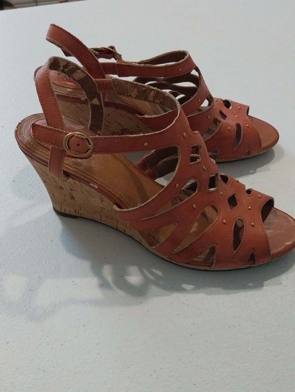 Clarks Burnt Orange Cutout Wedge Sandals with Buckle